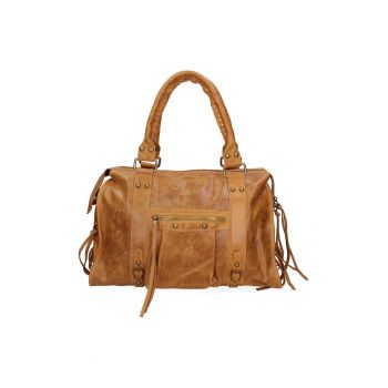 Geanta de piele cu maner si buzunar exterioar - Caramel