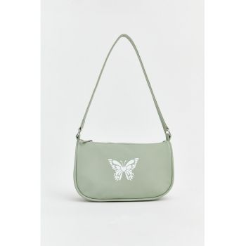 Geanta de piele ecologica cu bareta de umar si model fluture - Verde pal/Alb optic