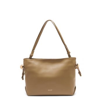 Geanta din piele ecologica cu bareta de umar si logo discret Medium Riccy - Maro/Bej