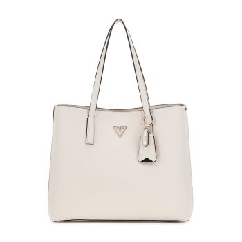 Geanta shopper de piele ecologica cu aplicatie logo - Alb fildes