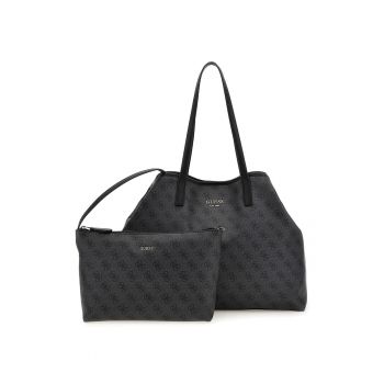 Geanta shopper de piele ecologica cu model logo si etui detasabil - Negru