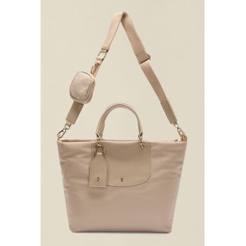 Geanta tote din material textil cu garnituri din piele ecologica - Bej