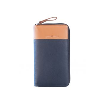 Portofel piele naturala bleumarin - bej 19.5 x 11 x 2 cm - Duett -