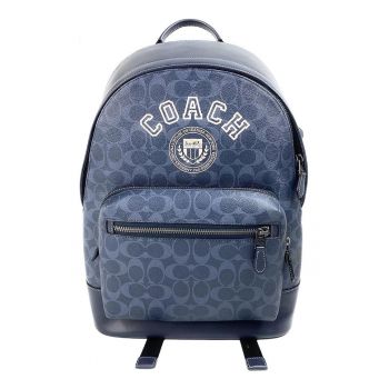 Rucsac din piele naturala cu imprimeu monograma West - unisex - 42x15x32cm