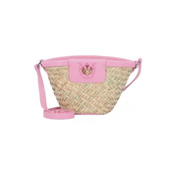 Geanta bucket impletita din raffia si garnituri de piele Love Summer - 17x10x14 cm