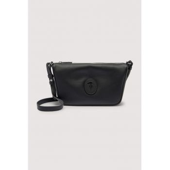 Geanta crossbody din piele cu aplicatie monograma - Negru