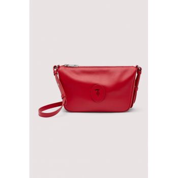 Geanta crossbody din piele cu aplicatie monograma - Rosu cireasa