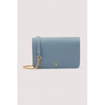 Geanta crossbody din piele cu bareta detasabila din lant - Albastru prafuit