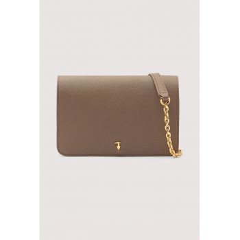 Geanta crossbody din piele cu bareta detasabila din lant - Maro camel