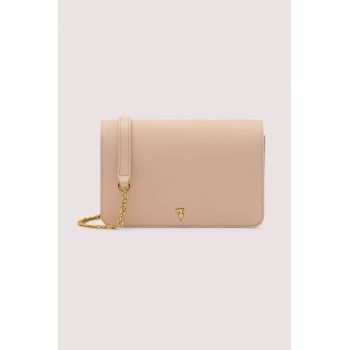 Geanta crossbody din piele cu bareta detasabila din lant - Roz pastel