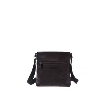Geanta crossbody din piele cu buzunar cu fermoar - Maro