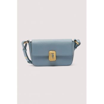Geanta crossbody din piele cu inchidere cu clapa - Albastru prafuit