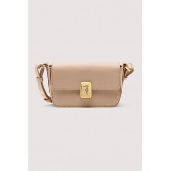 Geanta crossbody din piele cu inchidere cu clapa - Maro camel