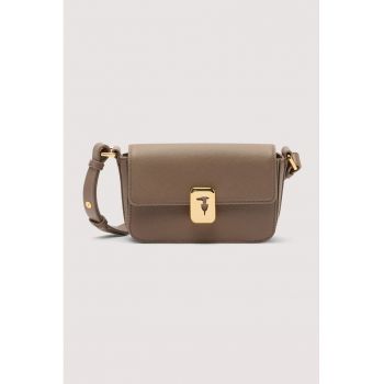 Geanta crossbody din piele cu inchidere cu clapa - Maro pamantiu