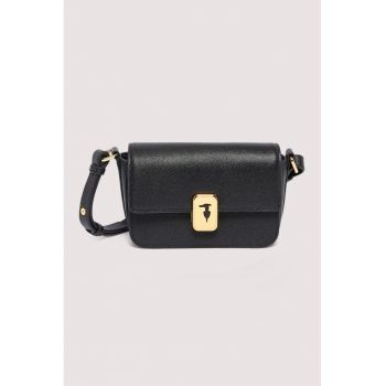 Geanta crossbody din piele cu inchidere cu clapa - Negru