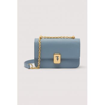 Geanta crossbody piele cu bareta lantdwqfwq - Albastru prafuit - 13.5x20x7 cm
