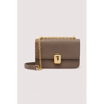 Geanta crossbody piele cu bareta lantdwqfwq - Maro cafeniu - 13.5x20x7 cm