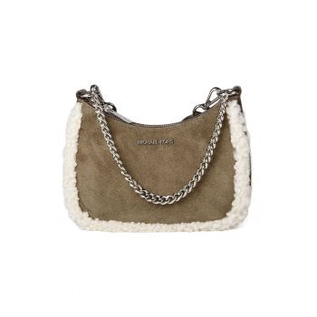 Geanta mini crossbody din piele intoarsa - cu garnituri de blana ecologica de oaie - 21x15x9 cm