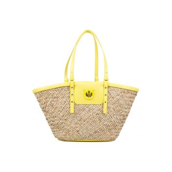 Geanta shopper din raffia cu aspect impletit si garnituri de piele Love Summer