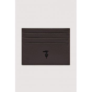 Portcart din piele cu logo - Maro inchis
