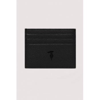 Portcart din piele cu logo - Negru