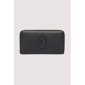 Portofel din piele cu fermoar si model monograma - Negru