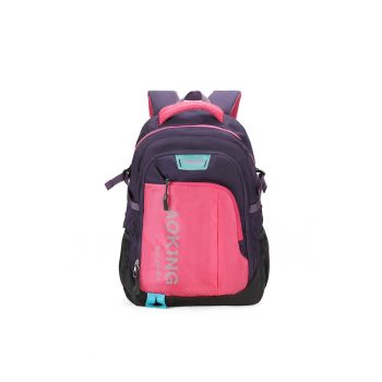 Rucsac unisex cu model colorblock si buzunare multiple - Fucsia