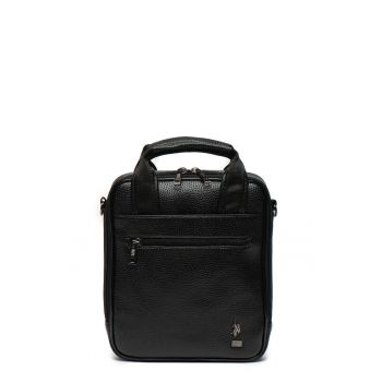 Geanta crossbody de piele ecologica - cu aplicatie logo - Negru/Argintiu inchis