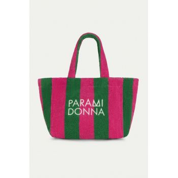 Geanta de plaja din bumbac cu dungi - Verde/Fucsia