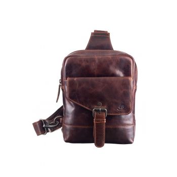 Rucsac crossbody unisex piele naturala teak brown 19 x 24 cm - Rugged -