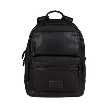 Rucsac din piele naturala cu insertii texturate de panza - gri antracit - 28x11x39 cm