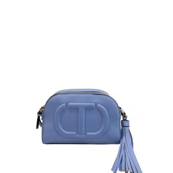 Geanta crossbody din piele ecologica cu logo in relief - Albastru deschis