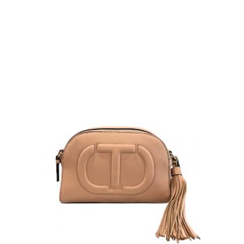 Geanta crossbody din piele ecologica cu logo in relief - Nude rose