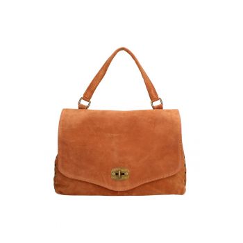 Geanta din piele intoarsa cu maner si clapa Zelia Elite - Caramel