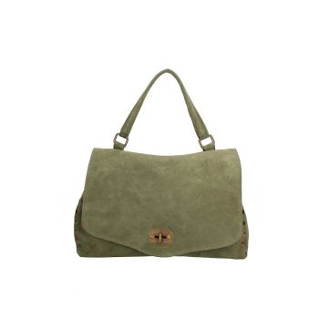 Geanta din piele intoarsa cu maner si clapa Zelia Elite - Verde inchis