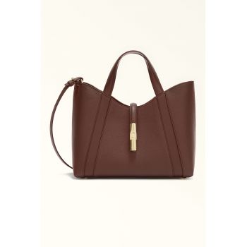 Geanta shopper de piele cu bareta detasabila texturat - Maro cognac