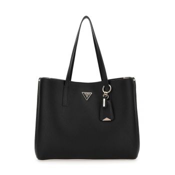 Geanta shopper de piele ecologica cu aplicatie logo - Negru stins