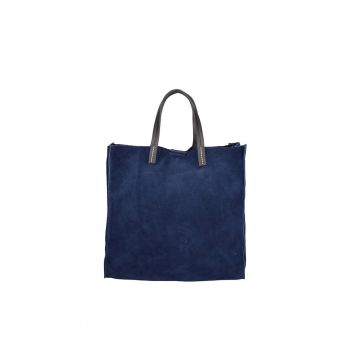 Set de geanta tote din piele intoarsa si etui Novara - Albastru inchis