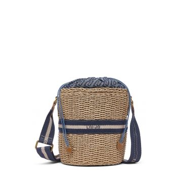 Geanta bucket de paie cu bareta ajustabila - Bej inchis/Albastru stins